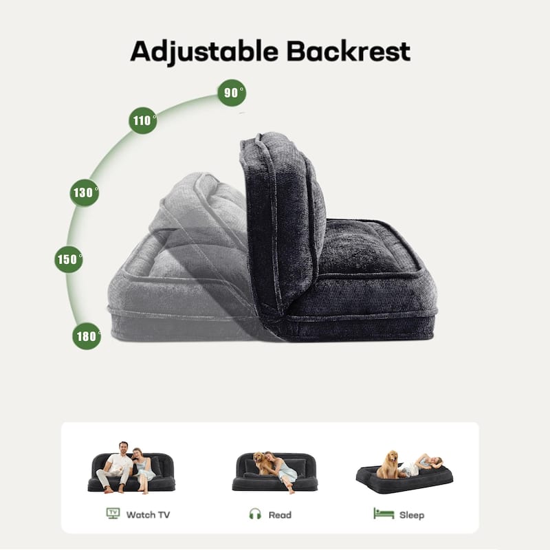 Pet Friendly Lazy Loveseat Sofa 2-in-1 Chenille Floor Couch Double Human Sleeper Bed with 5 Adjustable Position, Plump Pillows