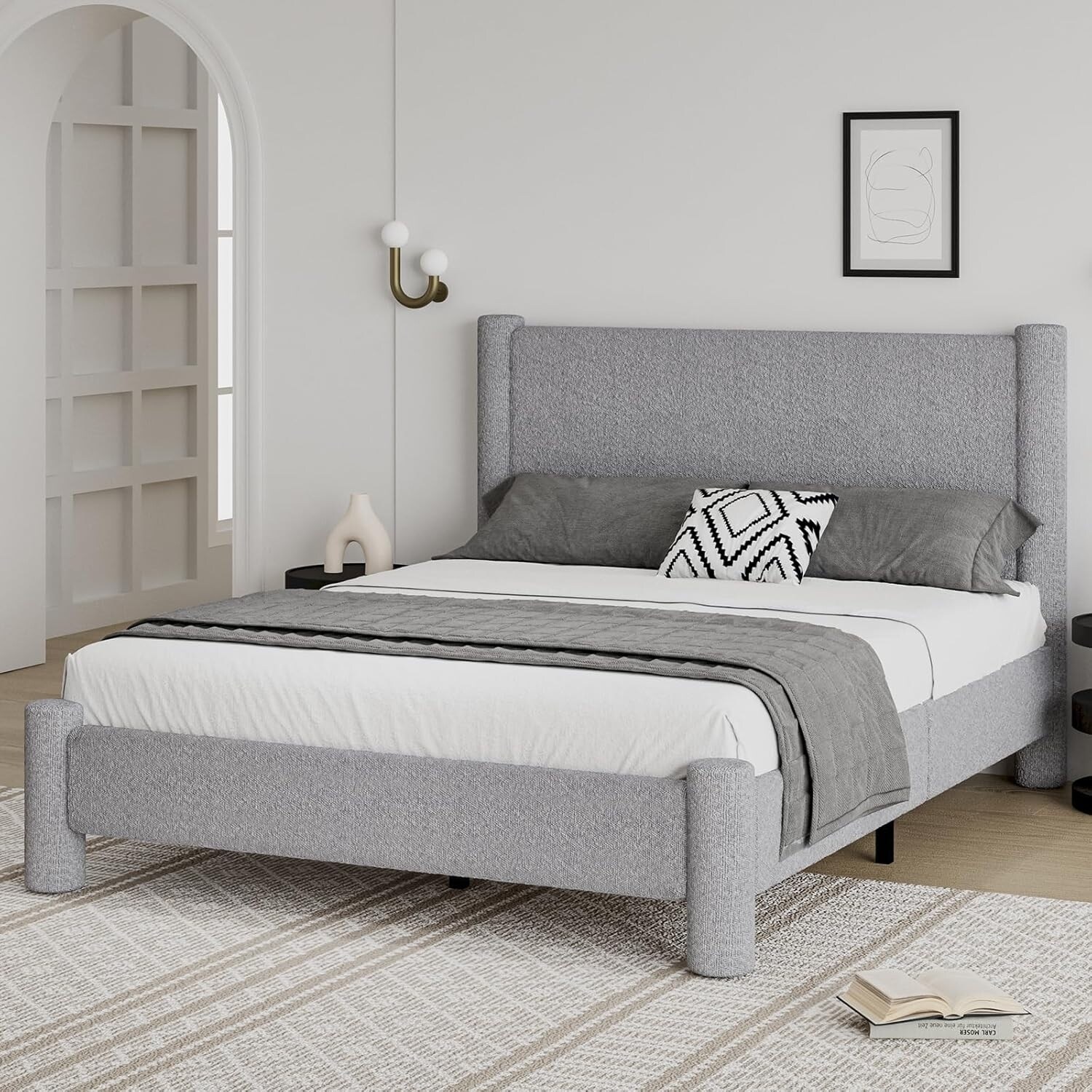 Full Size Upholstered Platform Bed with Headboard, Footboard, and Rounded Corners, Light Grey