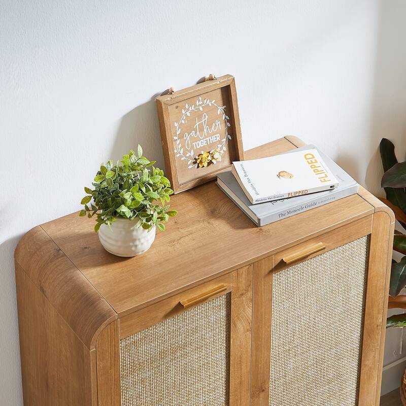 GDF Studio - Lindenwave Coastal Rattan and Wood Shoe Storage Cabinet with Adjustable Shelves