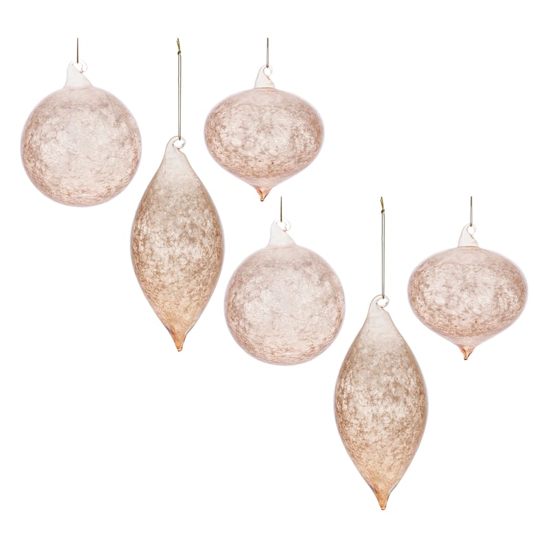 Set of 6 Glass Christmas Ornaments with Gold and Blush Swirl Design - 3 x 3 x 7.25 - Gold