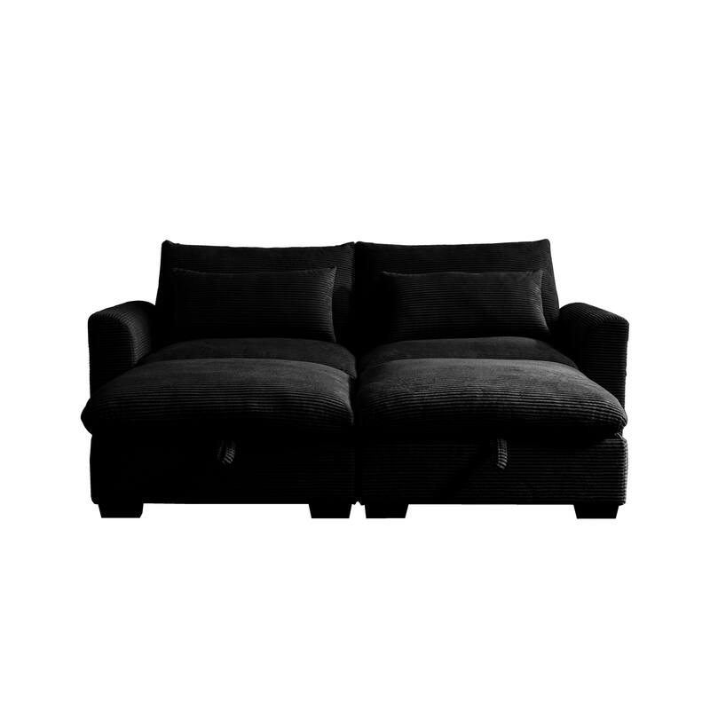 Corduroy Loveseat Sofa Couch with Storage Ottomans, Modern Sectional 2 Seater Sofa with Deep Seat, Pillows for Small Spaces