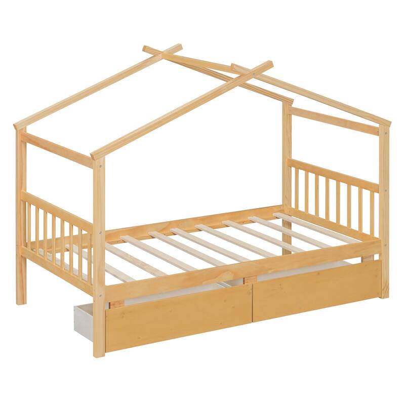 Twin Size Wooden House Bed with Drawers, 79.5"L x 41.5"W x 63.1"H, Natural