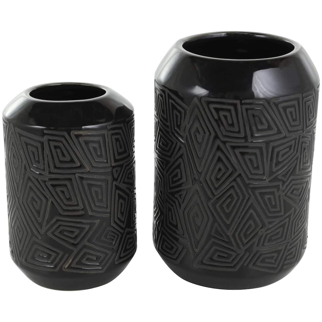 Ceramic Decorative Vase with Geometric Etchings - Set of 2 Black - Roche River Decor