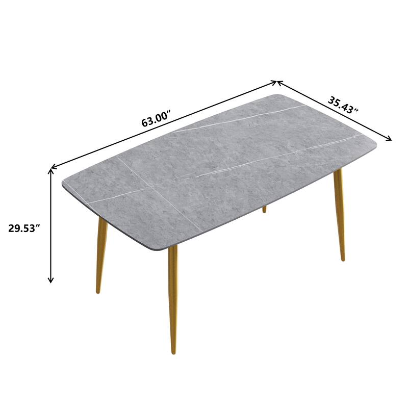 63" Modern Dining Table,Sintered Stone Tabletop and Solid Gold Carbon Steel Base
