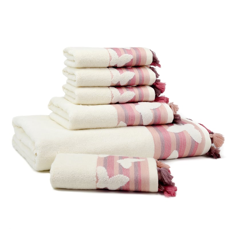 East'N Blue Butterfly Turkish Cotton Bath Towel Set (Set of 6) - (1 Bath Towel, 1 Hand Towel, 4 Washcloth) - Peach