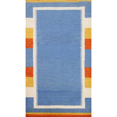 Hand Knotted Oriental 100% Wool Carpet Modern Bordered Navy Blue & Blues Gabbeh Area Rug - 4' 0'' X 2' 4''