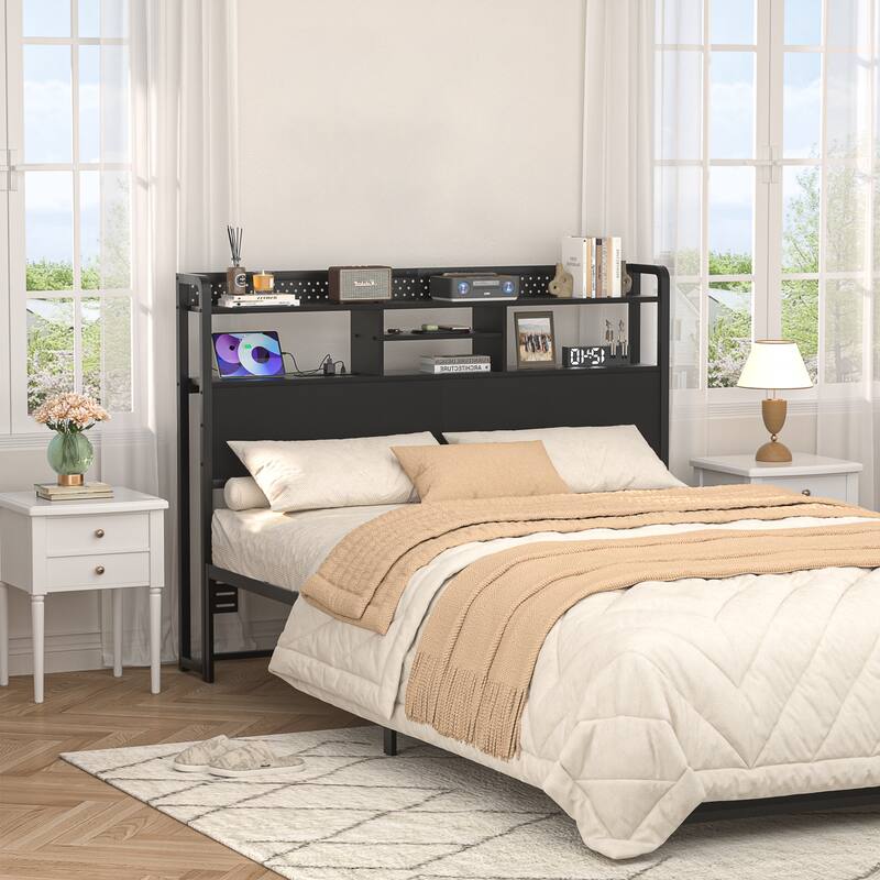 Bed Headboard with Storage Shelf and Charge Station, Height Adjustable Headboard with LED Light