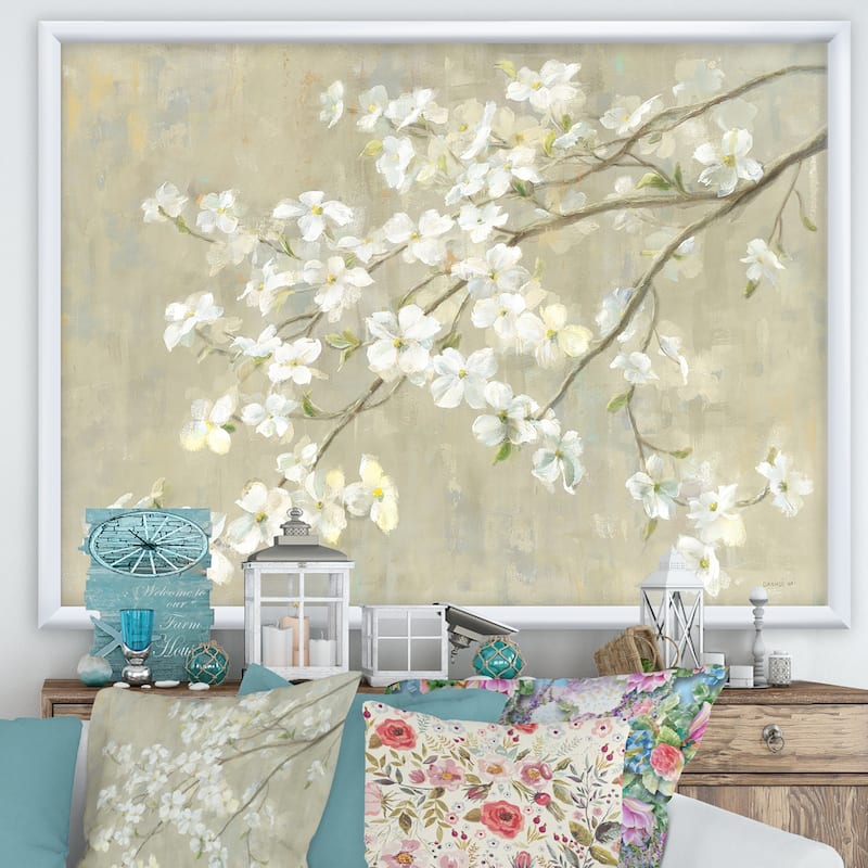 Designart "Dogwood in Spring Neutral" Farmhouse Framed Art Print - 40 in. wide x 30 in. high - White