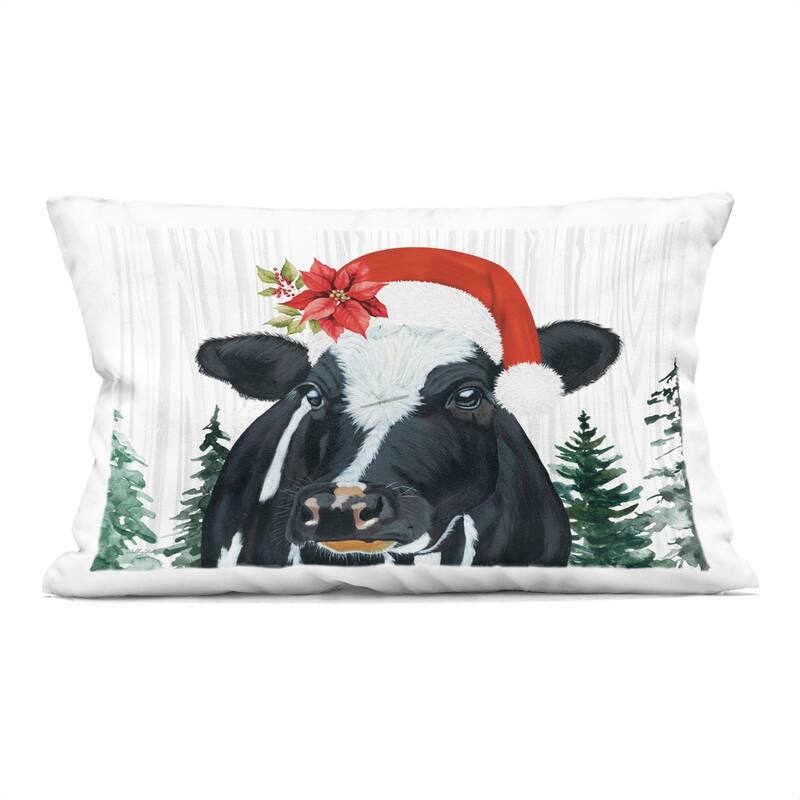 Stupell Christmas Hat Cow Portrait Decorative Printed Throw Pillow Design by Ashley Justice - Accent - Polyester - Black - Single