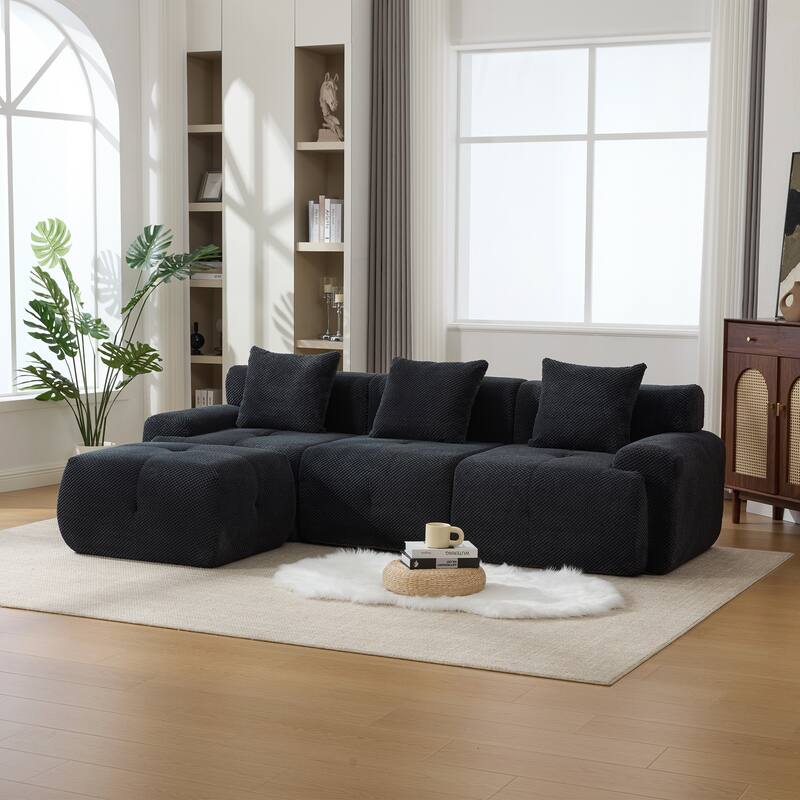 104"W Modern Upholstered Sectional Sofa with 3 Pillows and Ottoman