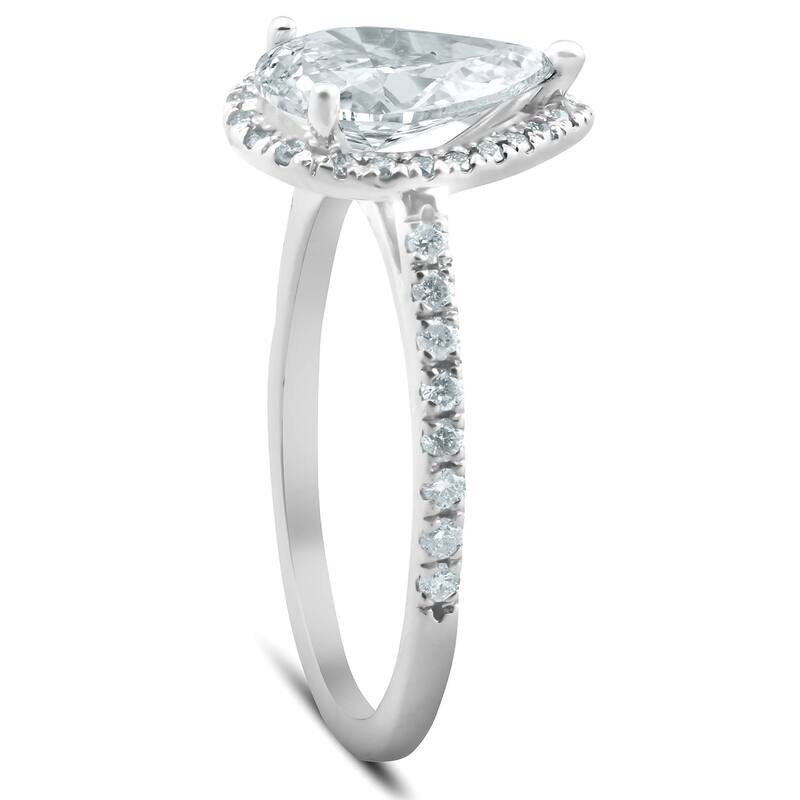1 1/3 Ct Halo Pear Diamond Low Profile Engagement Ring White Gold Lab Grown