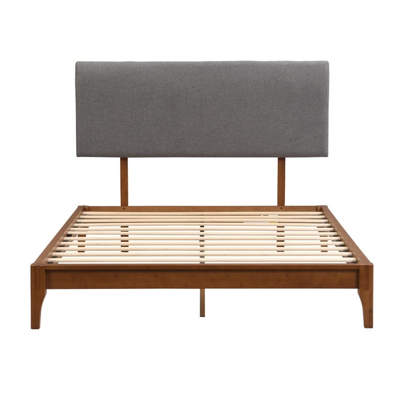Solid Dry Bamboo Wood 12 Inch Platform Bed, with Bamboo Frame Upholstered Adjustable Headboard