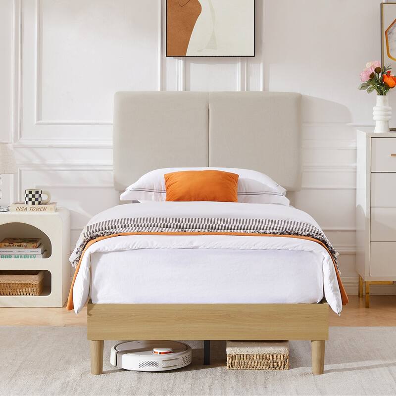 Javlergo Upholstered Bed Frame with Linen Fabric Adjustable Headboard, Strong Wood Slats Supports, No Box Spring Needed