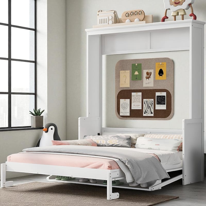 Queen Size Murphy Bed with Shelf, Foldable Wall Bed with Desk, Space-Saving Pine Wood Frame, No Box Spring - White - Queen