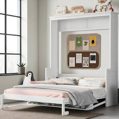 Queen Size Murphy Bed with Shelf, Foldable Wall Bed with Desk, Space-Saving Pine Wood Frame, No Box Spring