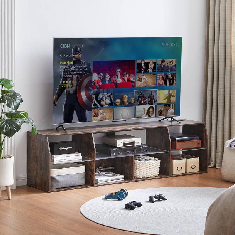 VECELO TV Stand with LED Light, Industrial Entertainment Center with 7 Open Storage