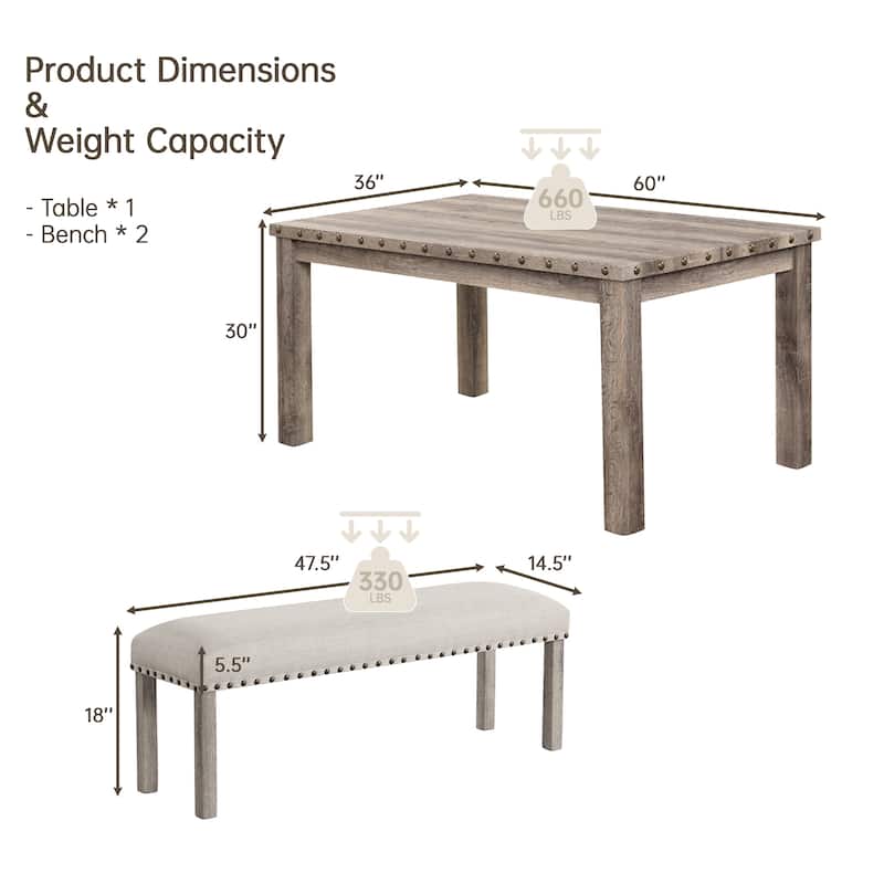 Morden Fort Rustic Farmhouse Rectangular Dining Set, Living Room Bench Set of 3