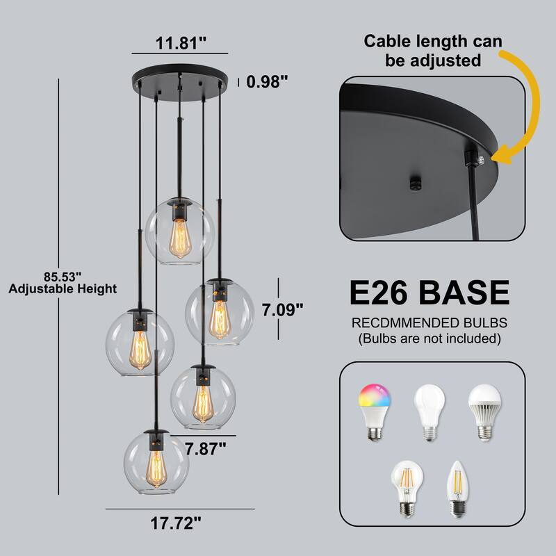 Starsky Modern 3-Light Clear Glass Chandelier Cluster Adjustable Height Pendant Lights for Kitchen Dining Room