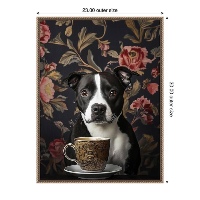 The Refined Staffy Cafe Moment by Mowzu Framed Canvas Wall Art - 23 x 30 in