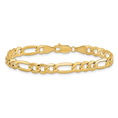 Curata 14k Yellow Gold Hollow Polished Lobster Claw Closure 6.6mm Semi solid Figaro Chain Bracelet