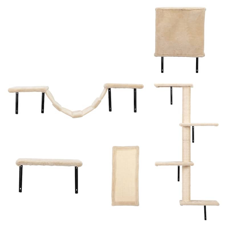 5-Piece Wall-Mounted Cat Tree with Condo, Perches, Bridge & Scratcher - Beige