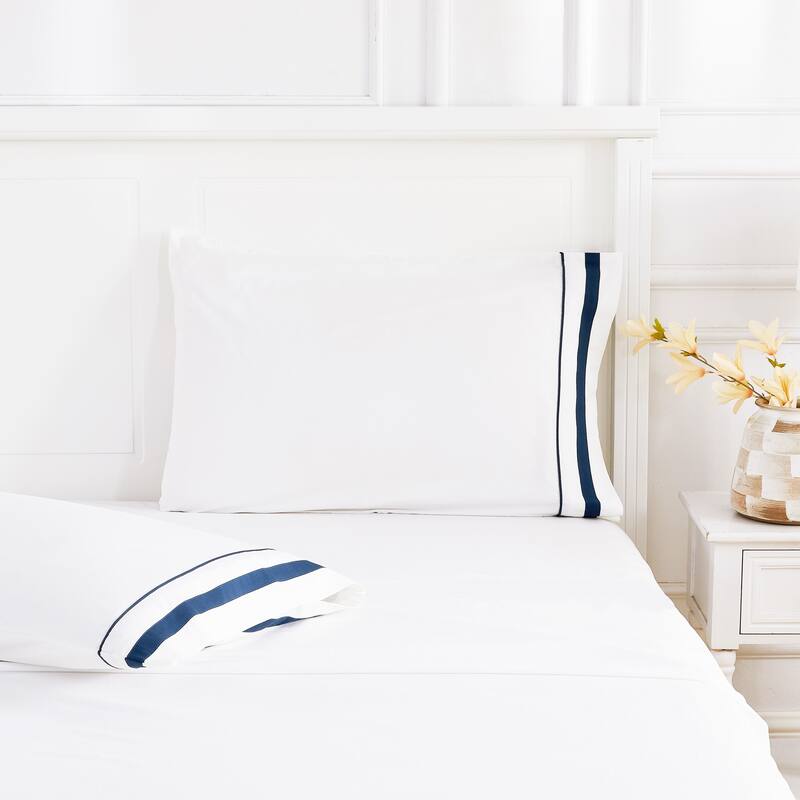 Percale Cotton Hotel Piping Embroidered Crisp Sheet Set - 2pcs King Pillowcases - Navy