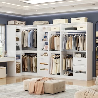 Qvella 72"-108" Closet System with Drawers and Hanging Rods,Freestanding Walk-in Closet Organizer System Wardrobe Closet Tower