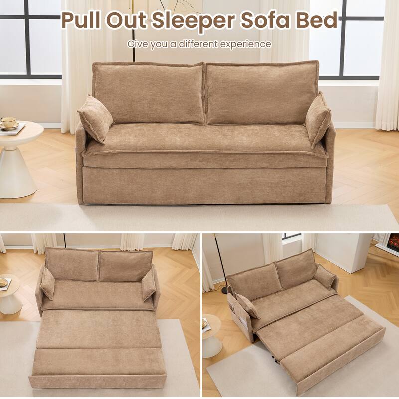 59.5" Ergonomic Sofa Bed with Storage & Charging - Supportive Chenille Convertible Sleeper, 800lb Capacity, Side Pockets