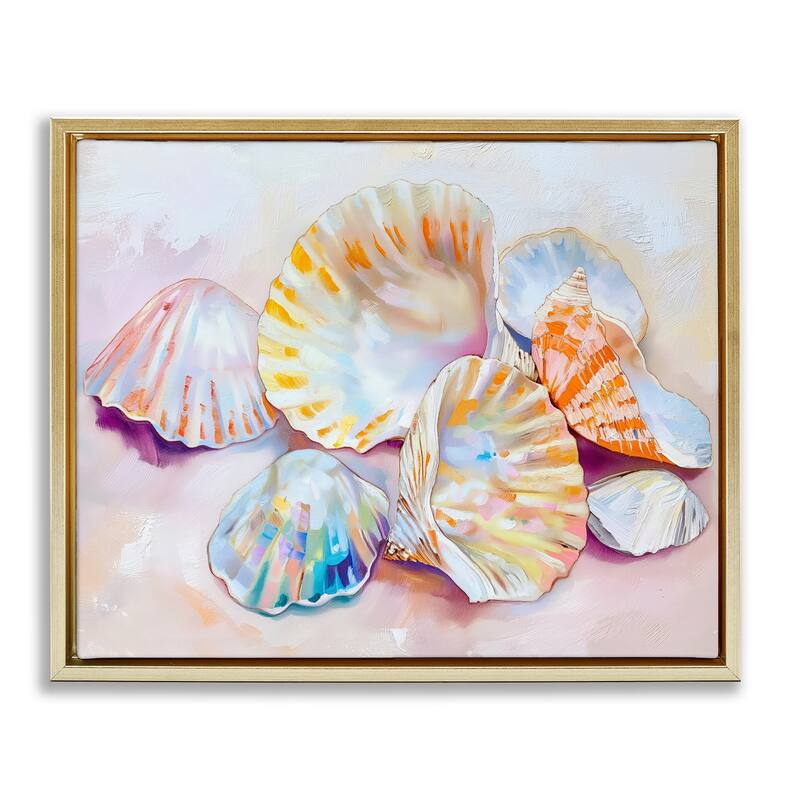 Stupell Pile of Various Seashells Framed Floater Canvas Wall Art Design By Arlington Prints - 31 x 25 - Gold