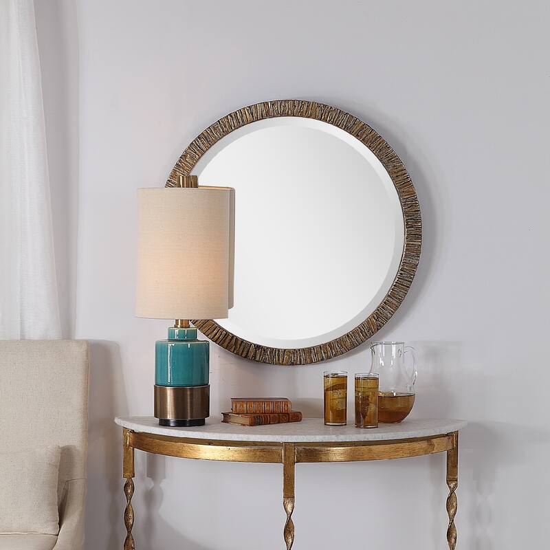 Distressed Beveled Round Wall Mirror - 30" - Gold