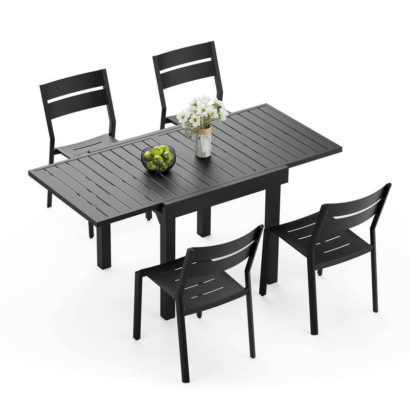 5/7/11-piece Set Outdoor Aluminum Extendable Patio Dining Table with Stackable Chairs - Black table - 63 inches long