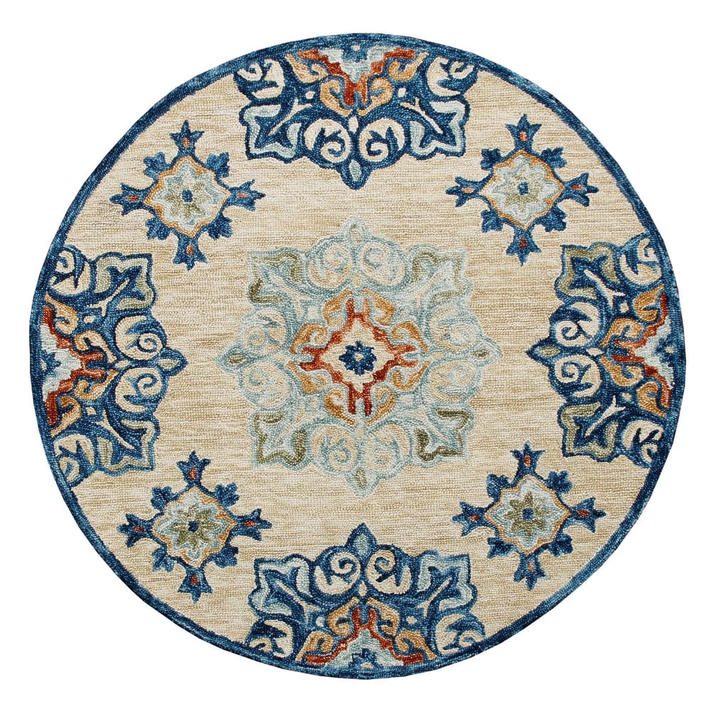 Sevita Beige/Blue Medallion Round Area Rug