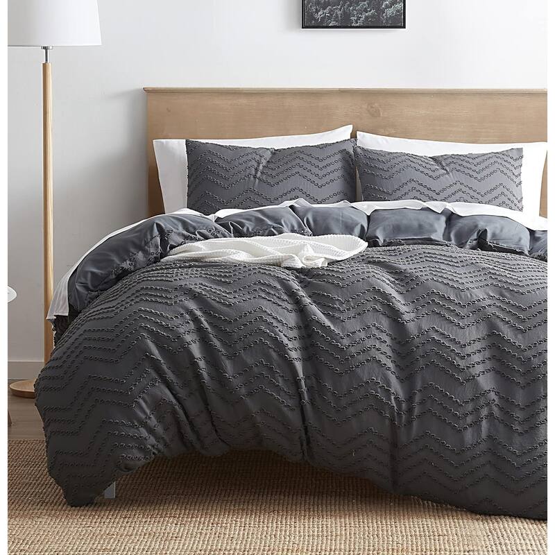 Empyrean Bedding Tufted Duvet Cover Set with Quilted Down Alternative Comforter Insert - Grey - Chevron - Queen