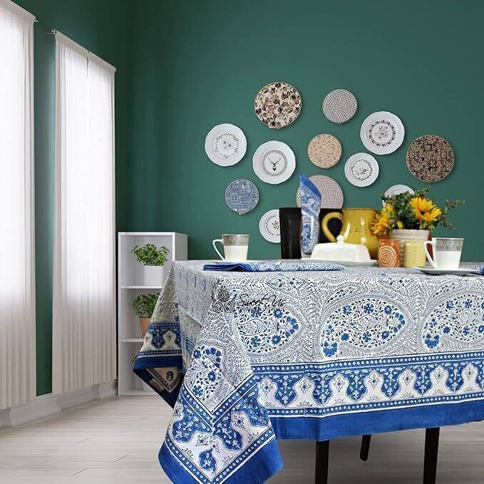 Boho Paisley Floral Block Print Cotton Tablecoth Collection - 70 X 102 in.