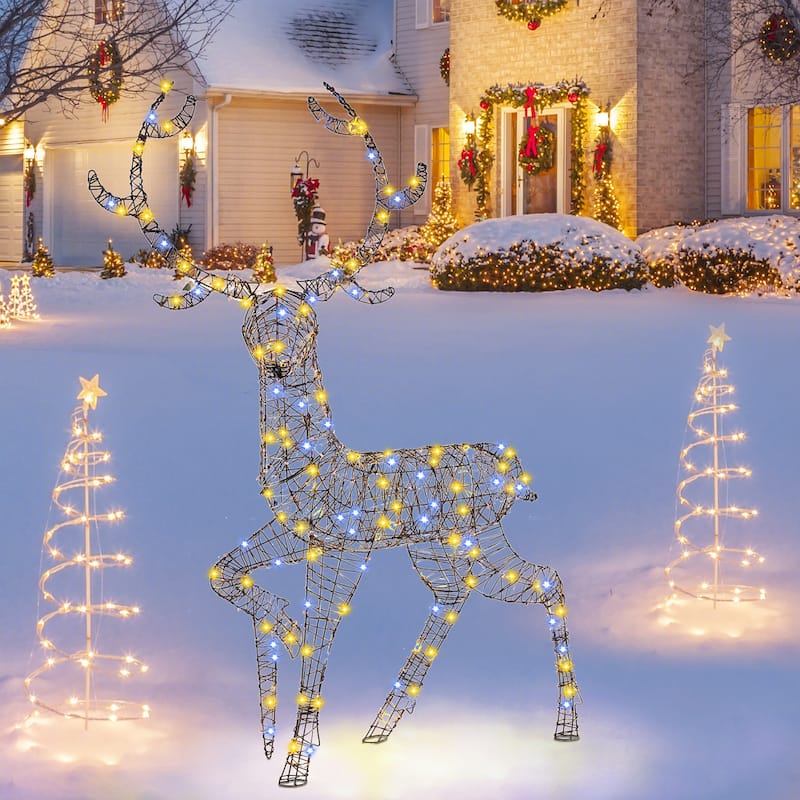 Gymax Christmas 3D Lighted Reindeer Pre-Lit Rattan Buck w/ Large