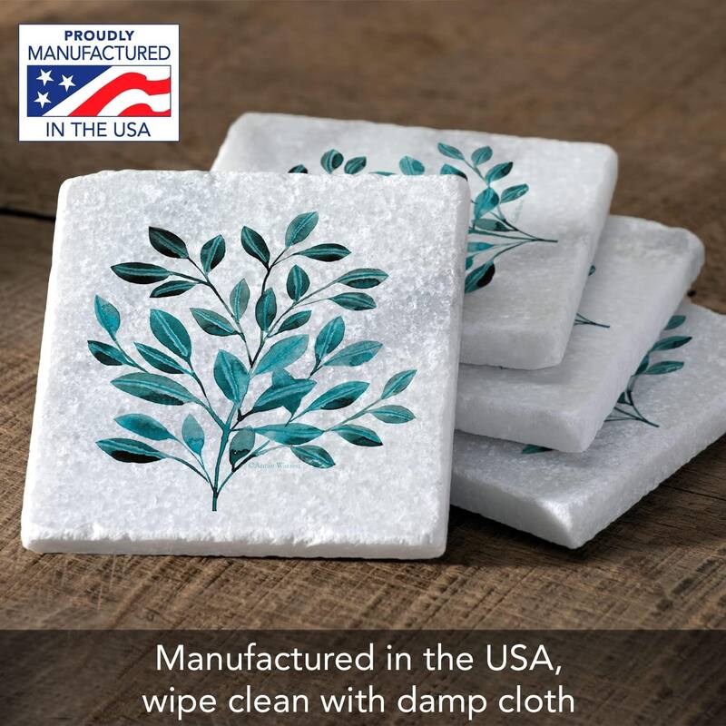 Leaves in Teal 4 Pack Natural Marble Cork Backed Coasters 4" x 4" x 0.43" Square Manufactured in The USA