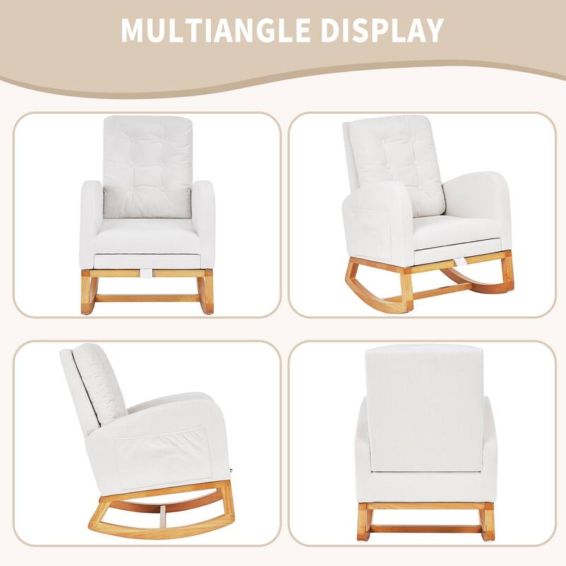 Javlergo Small Space Rocking Chair with Pull-Out Pedals Solid Wood Legs Glider Chair for Nursery with Two Side Storage Pockets
