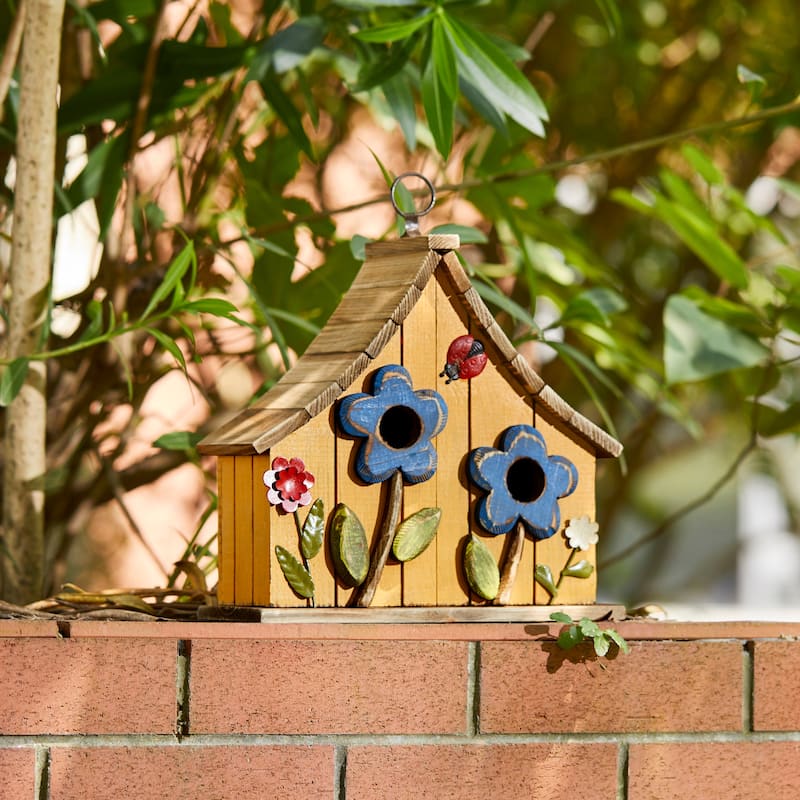 Glitzhome 10.5"H Distressed Solid Wood Birdhouse with 3D Flowers - 10.5"