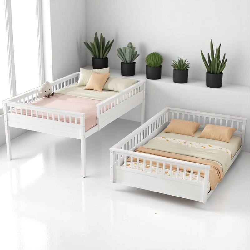 Convertible Twin XL Over Queen Size Bunk Bed with Safety Rails, Ladder and Wood Slats, No Box Spring Needed