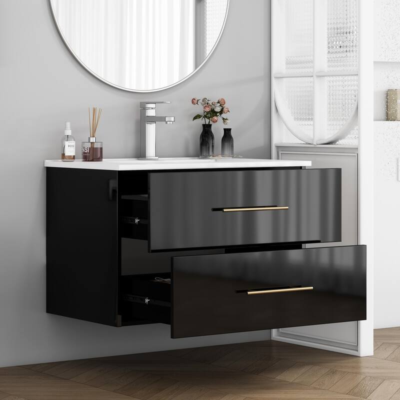 30-Inch Gloss Wall-Mounted Bathroom Vanity with Sink Combo, Double Drawers,Ceramic Sink,Long Metal Handle