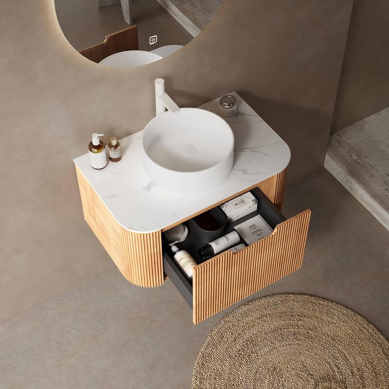 Modland Walnut 24/30/36 inch Bathroom Vanity with White Ceramic Vessel Sink, Modern Wall Mounted Floating - 30inch