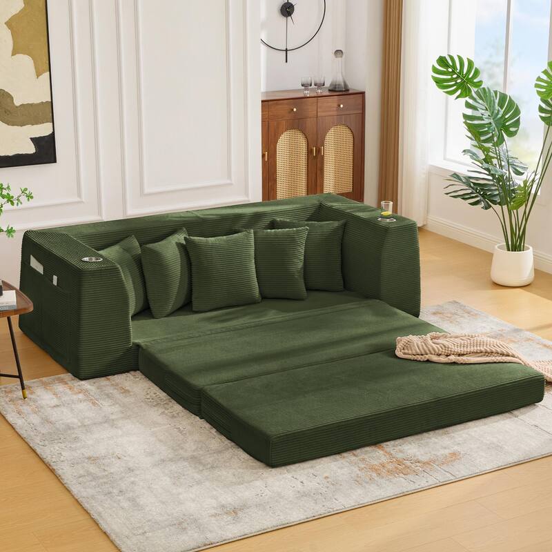 2 in 1 Convertible Sofa Bed, Sleeper Sofa with Storage Pockets, Pull Out Loveseat Couch with Two Cup Holders