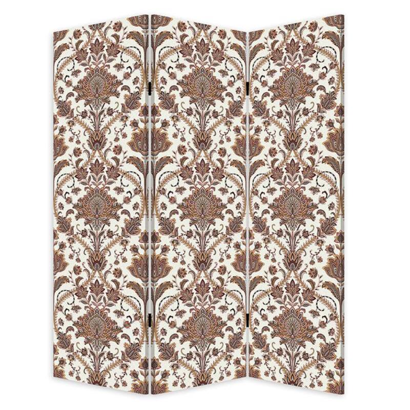 72 Inch 3 Panel Canvas Screen Room Divider, Dual Sided Baroque, White Brown - White