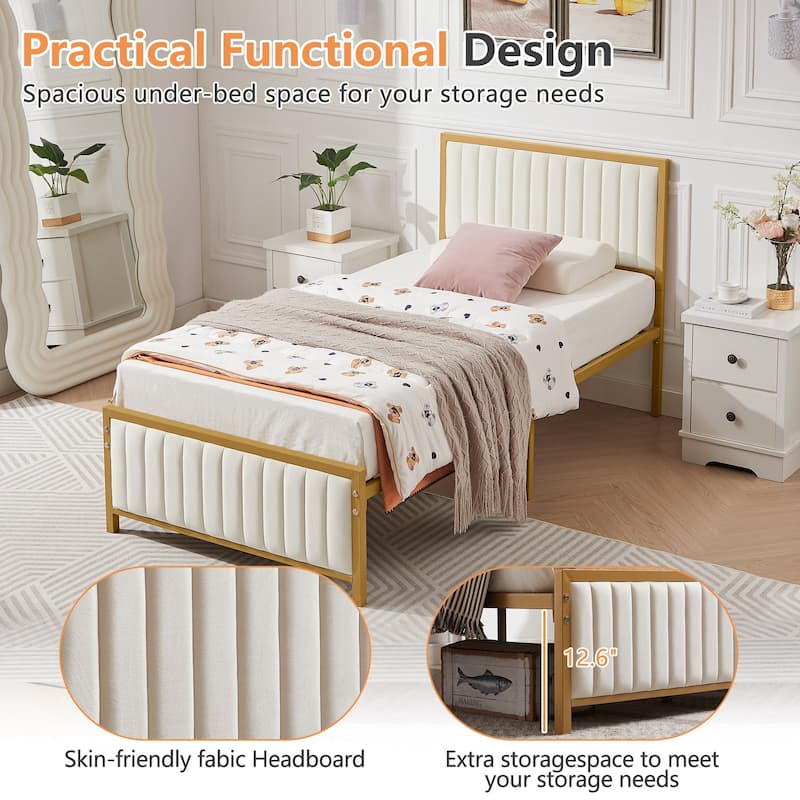 Javlergo Bed Frames with Upholstered Tufted Headboard and Footboard Heavy Duty Steel Slats Platform No Box Spring Needed