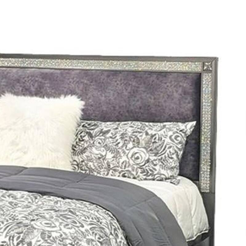Laine Queen Bed, Glam Crystal Acrylic Trim, Gray Fabric Upholstered