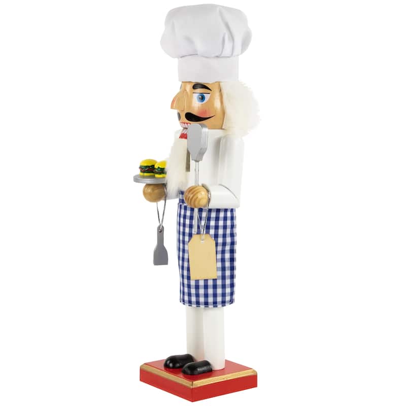 14" White and Blue Chef with Gingham Apron Wooden Christmas Nutcracker