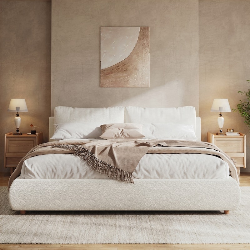 Boucle Fabric Upholstered Platform Bed with Two Removable Pillow Headboard