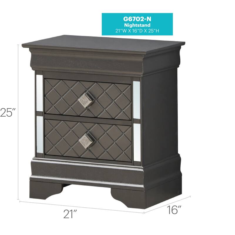 Metallic Black Nightstand 24x21x16 with Two Spacious Drawers, Compact Bedside Table for Bedroom Storage and Sleek Modern Look