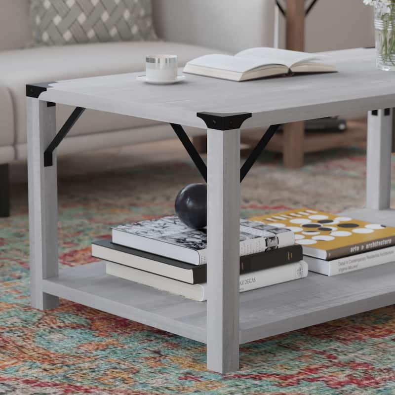 2-Tier Coffee Table with Metal Side Braces and Corner Caps