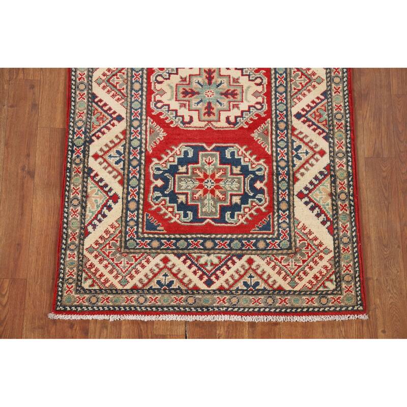Geometric Kazak Runner Rug Handmade Wool Carpet - 2'7" x 10'7"